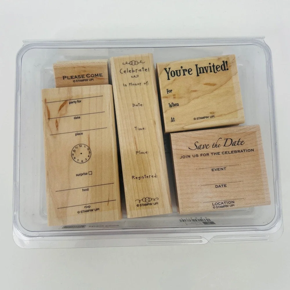 Stampin Up Invitation Rubber Stamp Set 5pc Tan Wood Mounted DIY Party Stationery